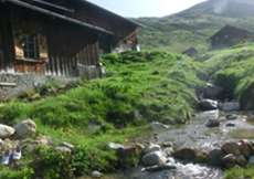 Alphaus mitten in der Natur mit Bach, Brunnen, Alpwiesen und Sitzplatz über Sedrun - die Idylle für Familien 1750 m ü. M. für 1 - 6 Personen (Nr. 064 - Alphaus Graubünden)